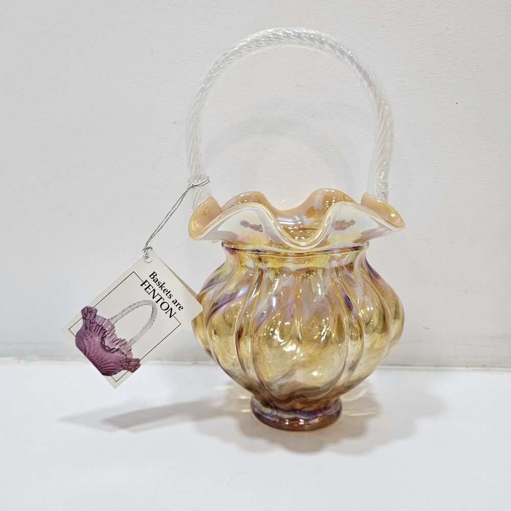 Fenton Cameo Opalescent Carnival Glass Spiral‎ Optic Basket Bill Fenton